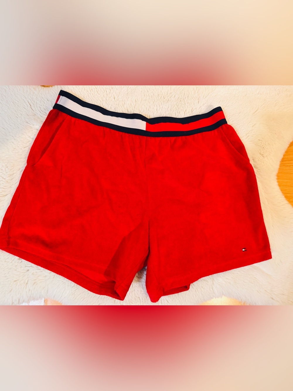 Tommy Hilfiger Red Athletic Shorts with Navy & White Waistband Women’s Medium